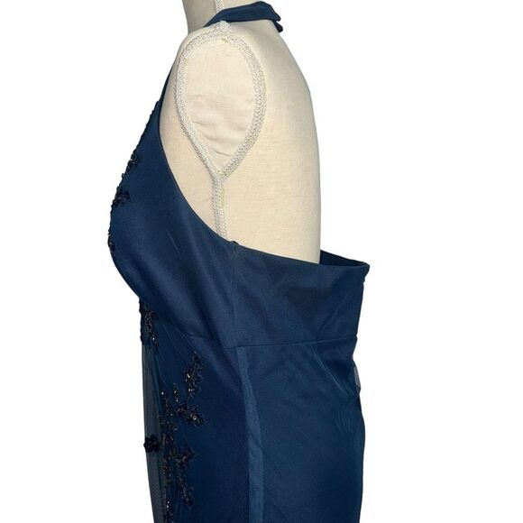 Xscape Solid Dark Blue Strapless Halter mermaid Formal long Dress Floral size 16 - Picture 13 of 16